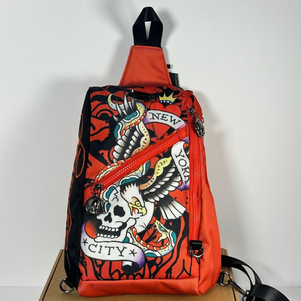 Ed Hardy Sling Backpack Unisex Red Black New York City Skull Eagle‎ Tattoo NWT